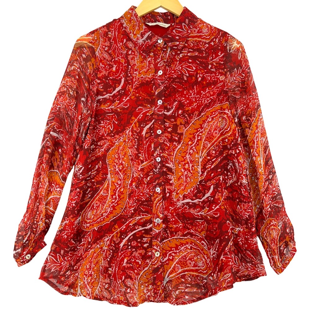 Soft Surroundings Red Paisley Button Sheer Blouse Long Sleeve Petite XS Boho